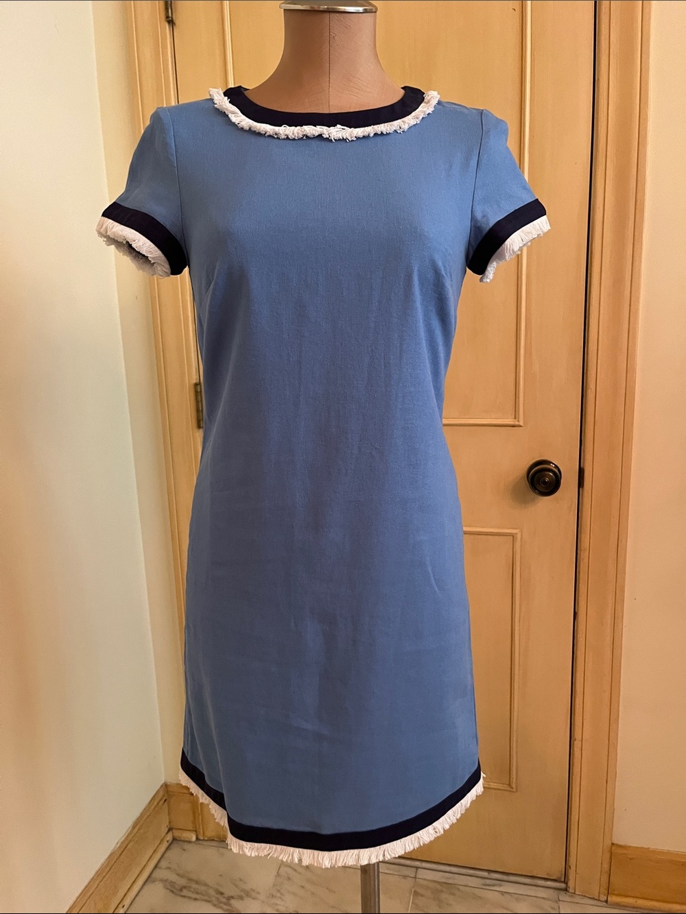 SAIL TO SABLE Preppy Career Classic Blue Short SLV Shift Dress Fringe Trim SZ 2
